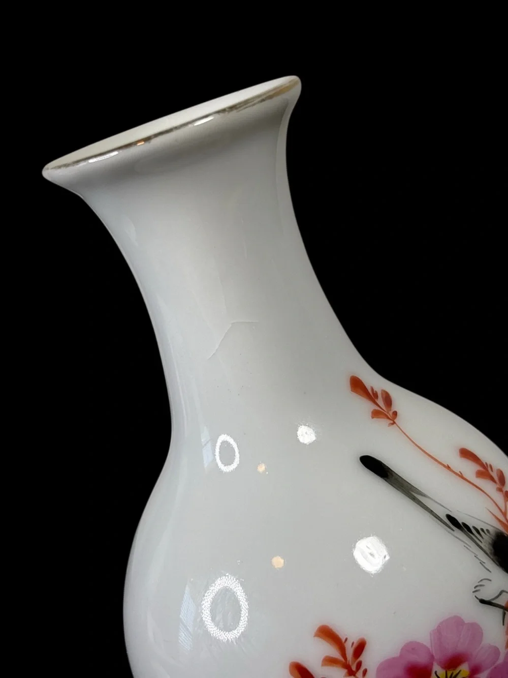 Vintage Chinese White Floral Bird Ceramic Bud Vase